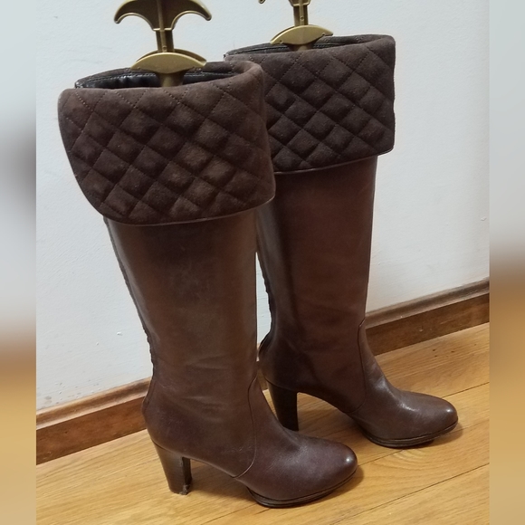 Ralph Lauren Quilted Meira Brown Leather Boots Size 5 - Picture 1 of 6